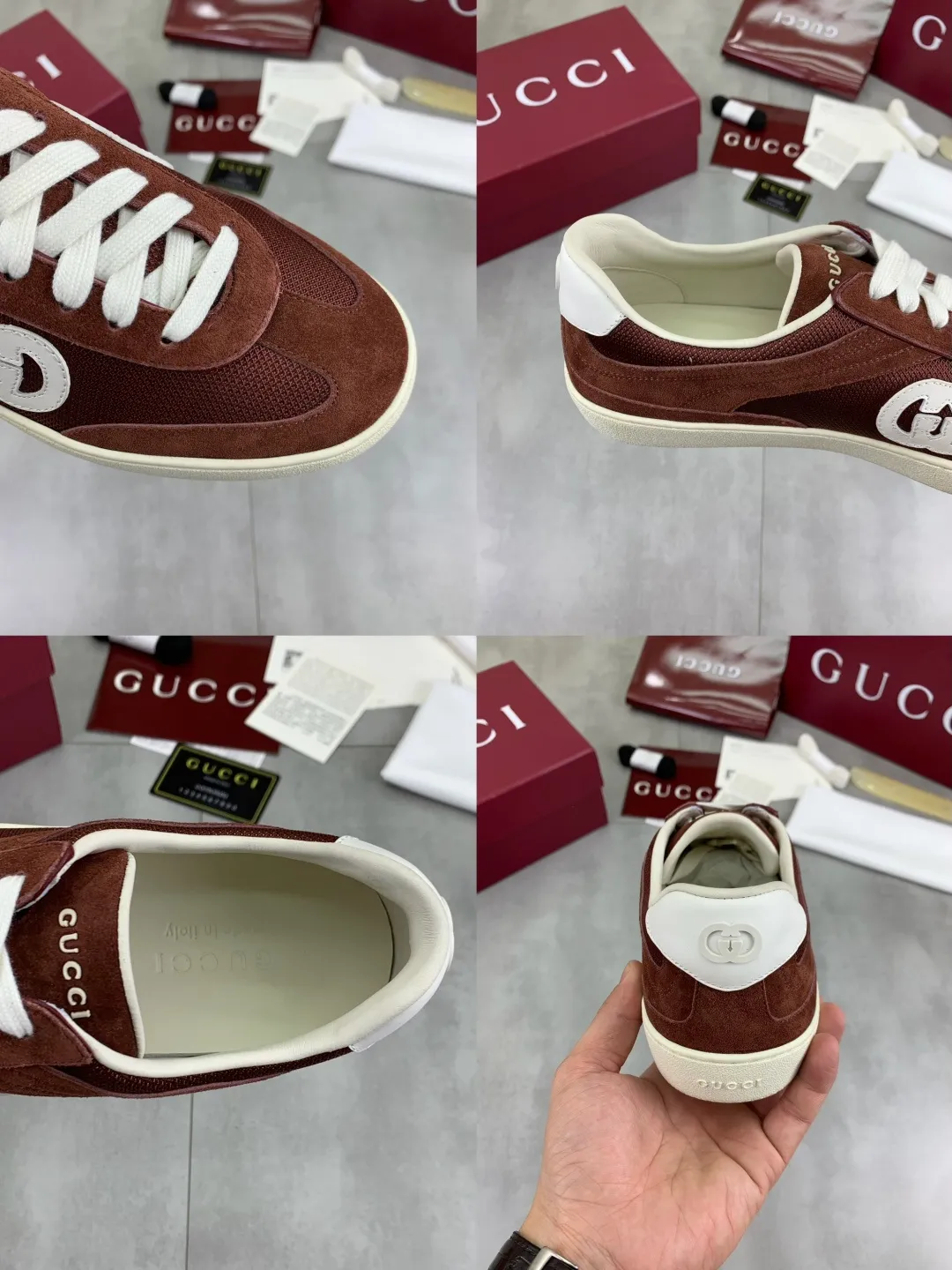 Men's shoes 💰P562 New GUCCI classic design moral training element catwalk model, matching version of top quality moral training shoes for men and women. Epoxy logo process is concave and convex, matching oil edge technology, punched cowhide cloth surface, suede cowhide surface splicing, breathable and not stuffy, the original overlasted shoe model is comfortable on the feet.  Fabric: Matched leather + cloth + mesh Lining: Water-dyed sheepskin Foot: Water-dyed sheepskin Outsole: Original molded TP matching environmentally friendly material Packaging: Top counter full set of packaging Female 35-42 (Female 41.42. Customized) Male 39-46 (46 customized)
